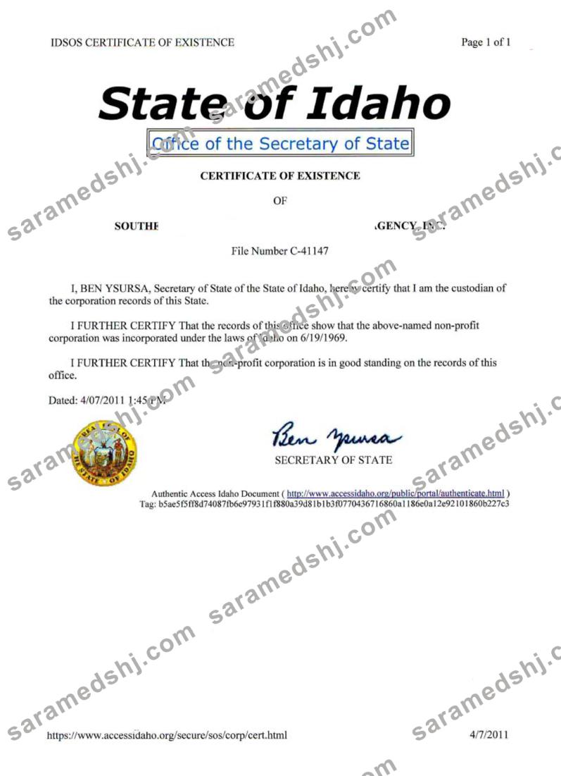 USA Idaho certificate of good standing